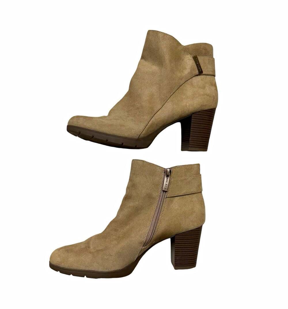 Anne Klein Akrina Beige Textile Ankle Boots Side Zip Block Heel Round Toe 9.5M
